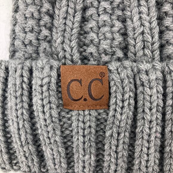 C.C Exclusives Gray Cable Knit Faux Fur Pom Cuff Faux Sherpa Lined Beanie Hat - Picture 2 of 6